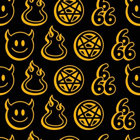 Premium Vector | Funny demon smile face,hell fire,666 numbers,pentagram ...