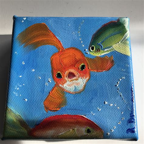 Fish painting, goldfish, fish bowl, Small Oil Painting