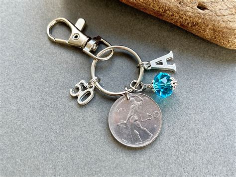 50th Italian Birthstone charm, 1973 50 Lire coin charm bag clip, choice of initial and ...