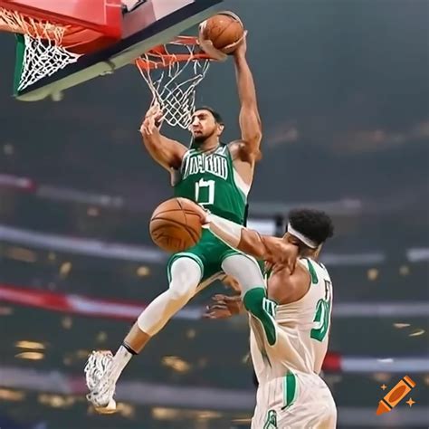 Jayson tatum dunking on joel embiid in nba finals on Craiyon