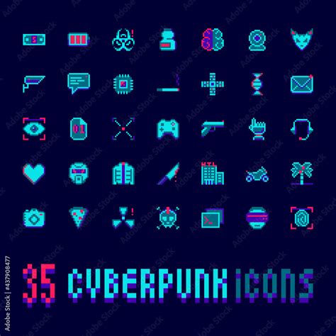 Cyberpunk pixel art vector icons set. 35 neon futuristic elements, high tech video game symbols ...