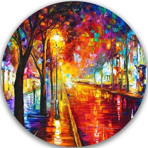 a painting of a city street at night with colorful lights and trees on ...