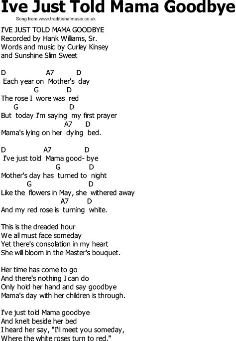 Old Country song lyrics with chords - Ive Just Told Mama Goodbye