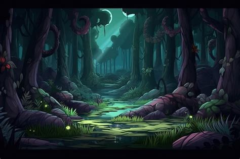 Premium AI Image | Dark forest 2D mobile game background dark forest environment horror ...