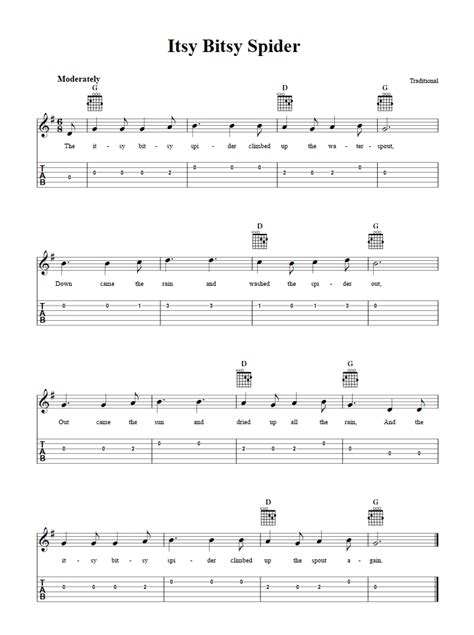 Itsy Bitsy Spider: Chords, Sheet Music, and Tab for Guitar with Lyrics