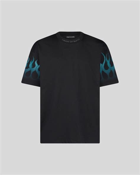 BLACK T-SHIRT WITH LIGHT BLUE FLAMES – Vision of Super