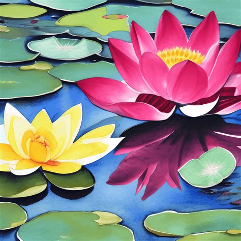 Lotus and Sunshine Pond Painting Watercolor Cartoon · Creative Fabrica