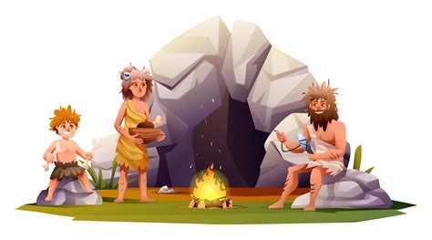 Cartoon caveman family activity in front of cave. Stone age prehistoric people illustration ...