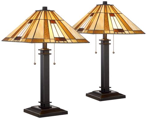Tiffany Style Table Lamps Set of 2 Mission Bronze Glass Art Shade for Bedroom | eBay