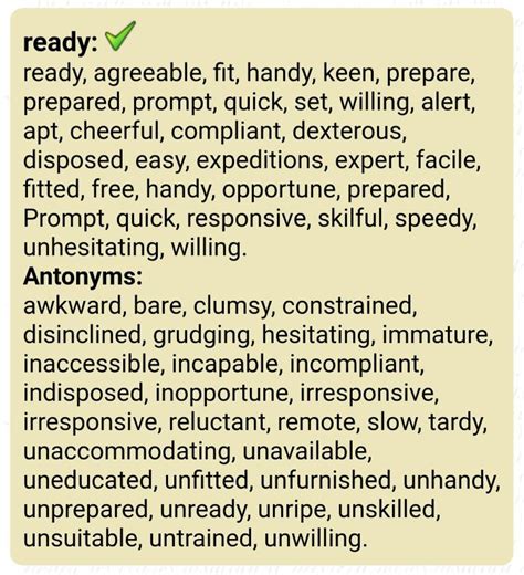 Synonyms and antonyms for ready