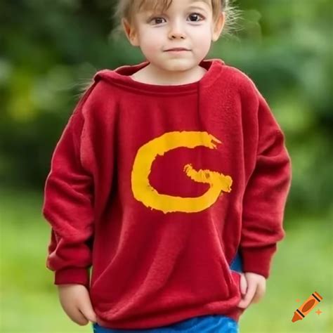 Child in red sweatshirt with yellow a and brown squirrel tail on Craiyon