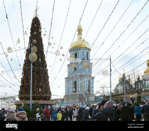 Kiev, Ukraine - January 1, 2022: A Christmas tree is installed on Sophia Square. The Christmas ...