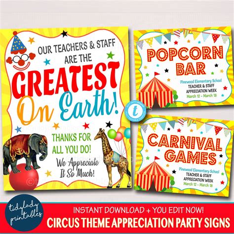 Carnival Circus Theme teacher and staff appreciation week printable party signs! A great way to ...