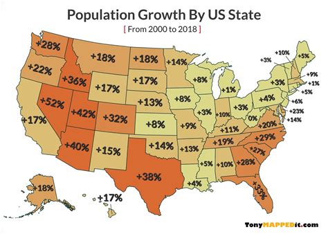 Population Growth By US State From 2000 To 2018 - Tony Mapped It