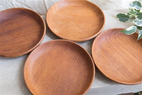 8 Teak Salad Bowl and Plates - Minimalist Vintage Solid Exotic Wood Food Safe Serving Appetizer ...