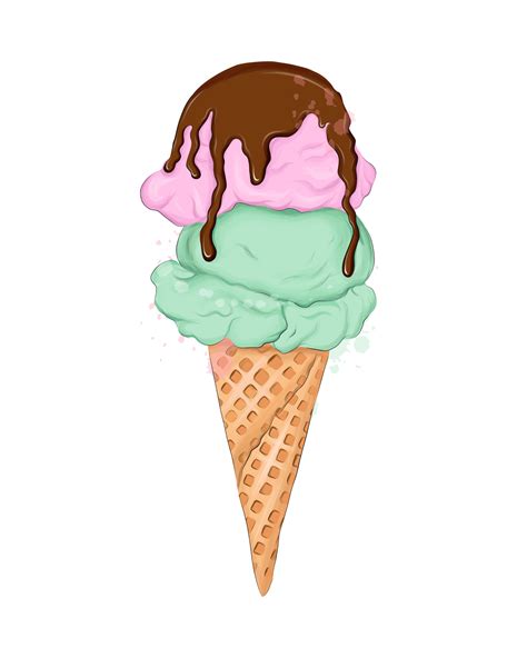 Ice cream cones from multicolored paints. Splash of watercolor, colored drawing, realistic ...