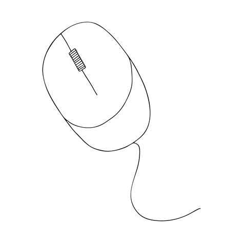 A computer mouse with a Doodle-style wire.Black and white image.Outline ...