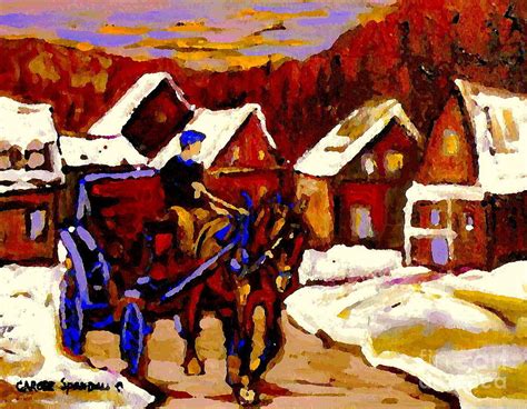 Canadian Landscape Paintings Red Sled Rider Leaving The Village Quebec ...