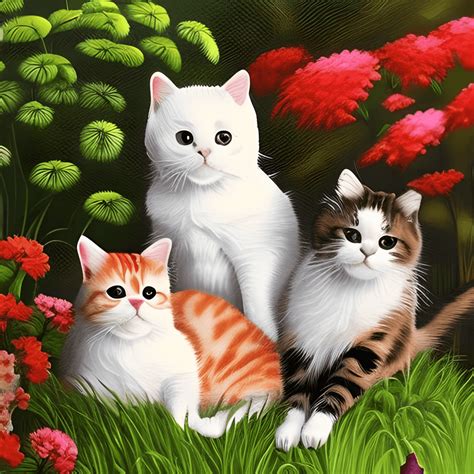 Adorable Cats Garden Painting Illustration · Creative Fabrica