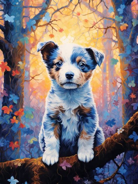 Adorable Blue Heeler Puppy in Forest Painting Stock Illustration ...