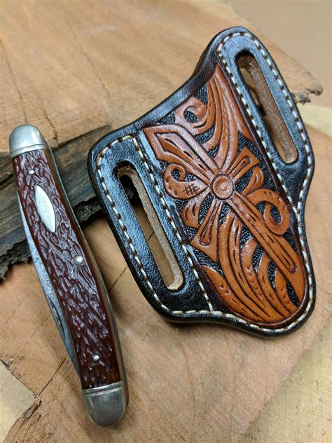 Hand Tooled Leather Knife Sheath with Western Cross Design for Pocket Knife