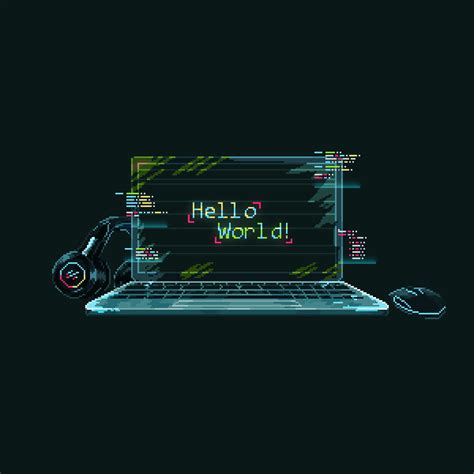 a computer screen with the words hello world on it and headphones next to it