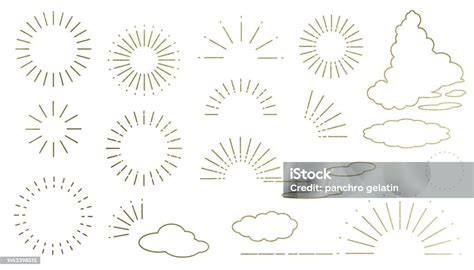 Gold Sun Rays And Clouds Illustration Set Stock Illustration - Download ...