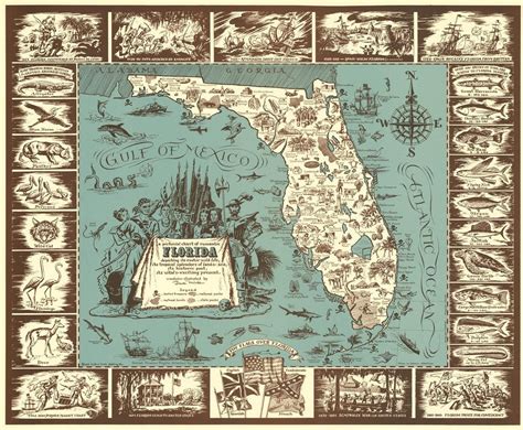 Old map of Florida 19th century pictorial map fine | Etsy