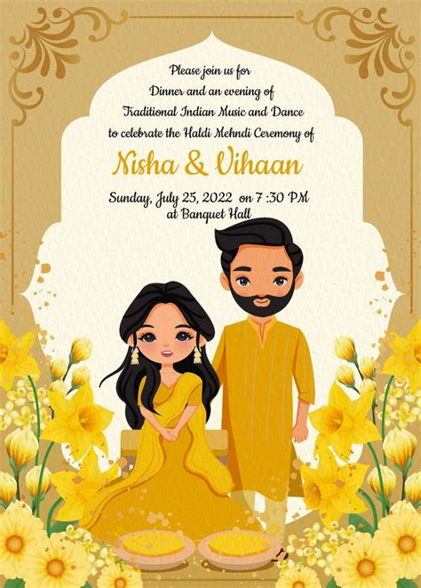 cute Indian couple cartoon with Haldi ceremony invite template | Cartoon wedding invitations ...