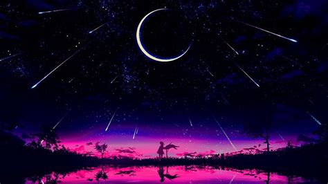 Sunset, moon phases, night, purple background, shooting stars, dark ...