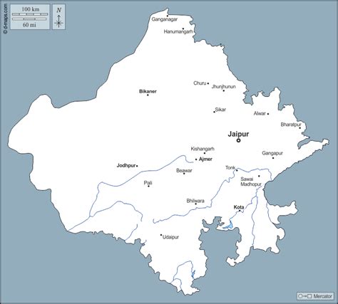 拉贾斯坦邦 免费地图, 免费的空白地图, 免费的轮廓地图, 免费基地地图 大纲, 水文学, 主要城市, 名称