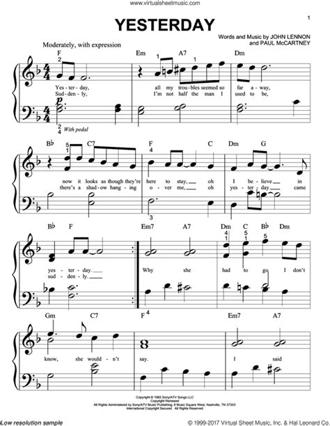 Yesterday sheet music for piano solo (big note book) (PDF)