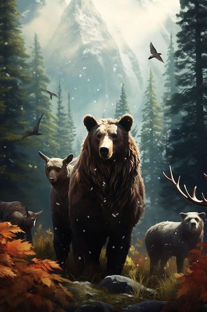 Premium AI Image | a bear and two cubs are standing in the forest