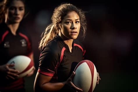 Premium AI Image | Female rugby players competing on the rugby field in ...