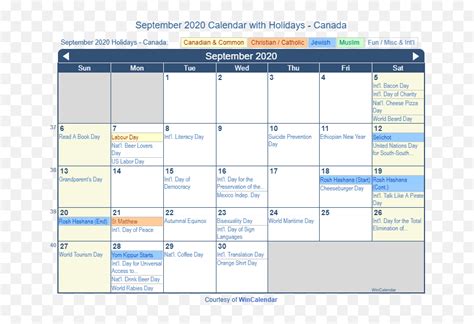 September 2020 Calendar With Holidays - Canada Vertical Emoji,Persian ...