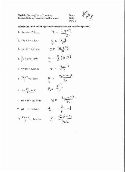 Solving Literal Equations Worksheet Algebra 1