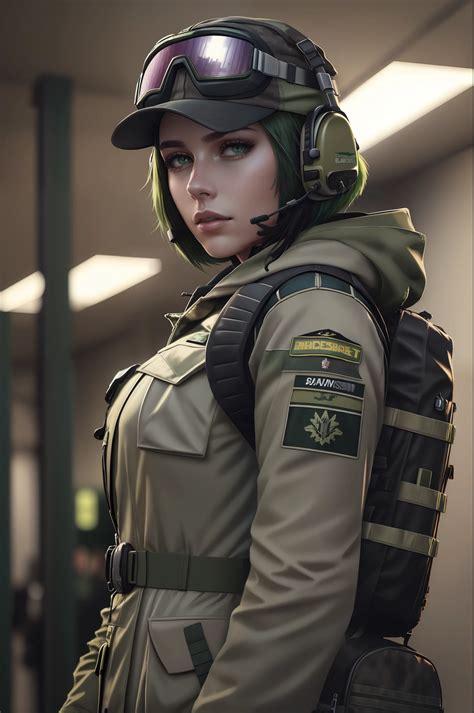 A close up of a woman in a military uniform with a helmet and goggles ...