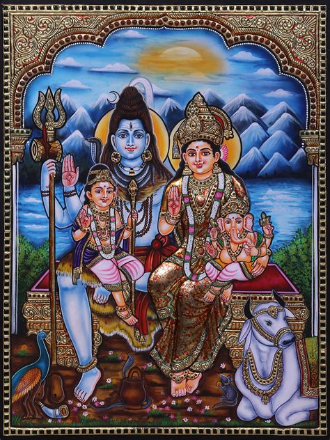 Lord Shiva With Devi Parvati Baal Ganesha Kartikeya And Nandi Tanjore ...