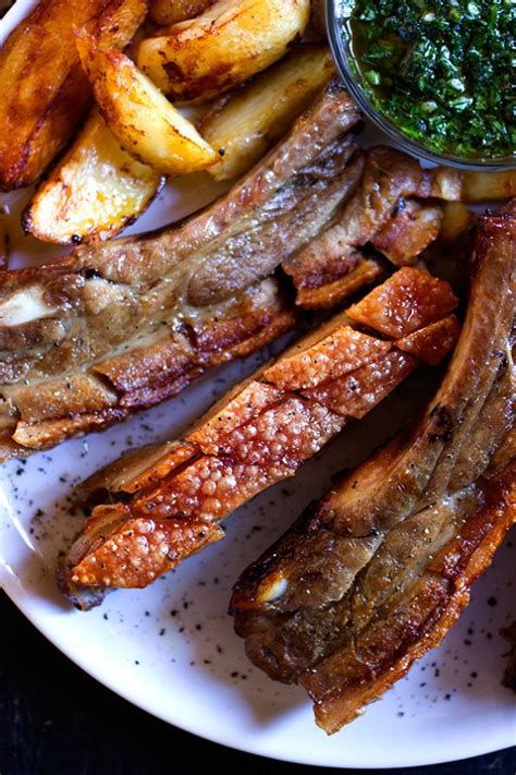 Crispy Pork Belly Ribs with Green Sauce and Honey Roasted Potatoes ...