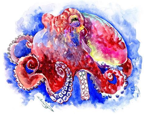 Octopus, Original, One of akind watercolor painting, Purple Blue colorful Octopus Artwork by ...