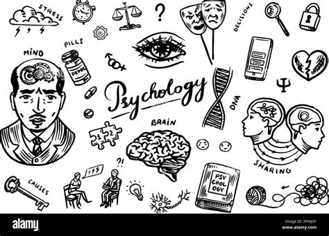 Psychology science symbols. Psychologist online. Clew and dna, puzzle and key. Hand drawn sketch ...