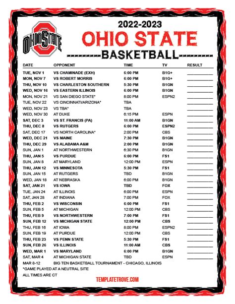 Printable 2022-2023 Ohio State Buckeyes Basketball Schedule