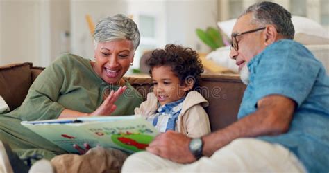 Grandparents, Child and Reading Books in Bedroom for Learning, Language ...