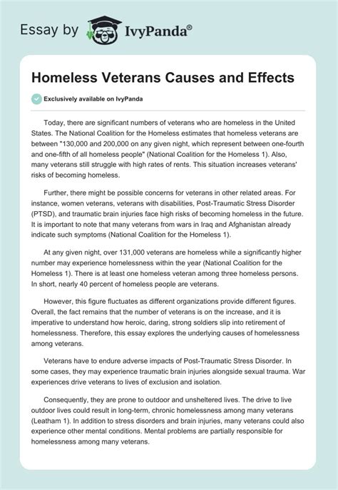 Homeless Veterans Causes and Effects - 1125 Words | Essay Example