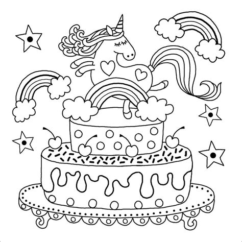 Unicorn Birthday Cake Coloring Page - ColoringBay