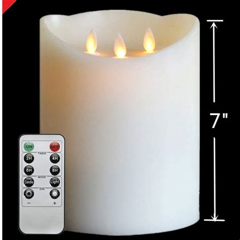 3 Wick Flameless Real Wax Pillar LED Candles Battery Operated Flickering Ivory With Remote and ...