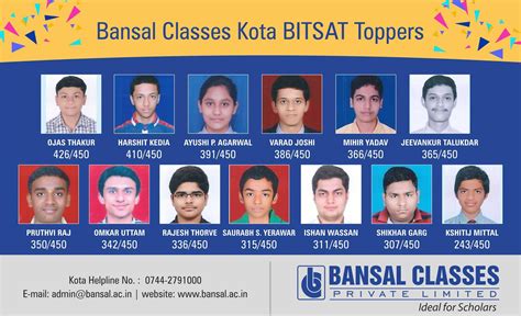 Bansal Classes, Kota BITSAT Toppers. | Scholarships, International scholarships, Class