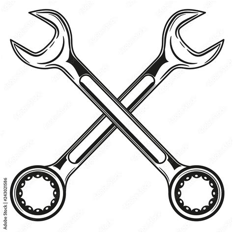 Vintage crossed wrench (spanner) icon in monochrome style, simple shape, for graphic design of ...