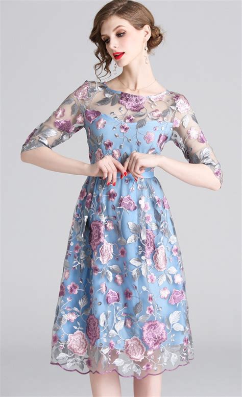 Women Elegant Flower Floral A-line Swing Dress Mesh Embroidery – Ozzy ...