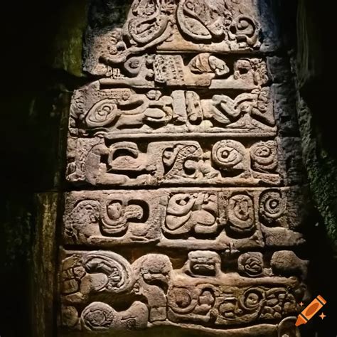 Ancient maya hieroglyphs on a stone stela at tikal guatemala